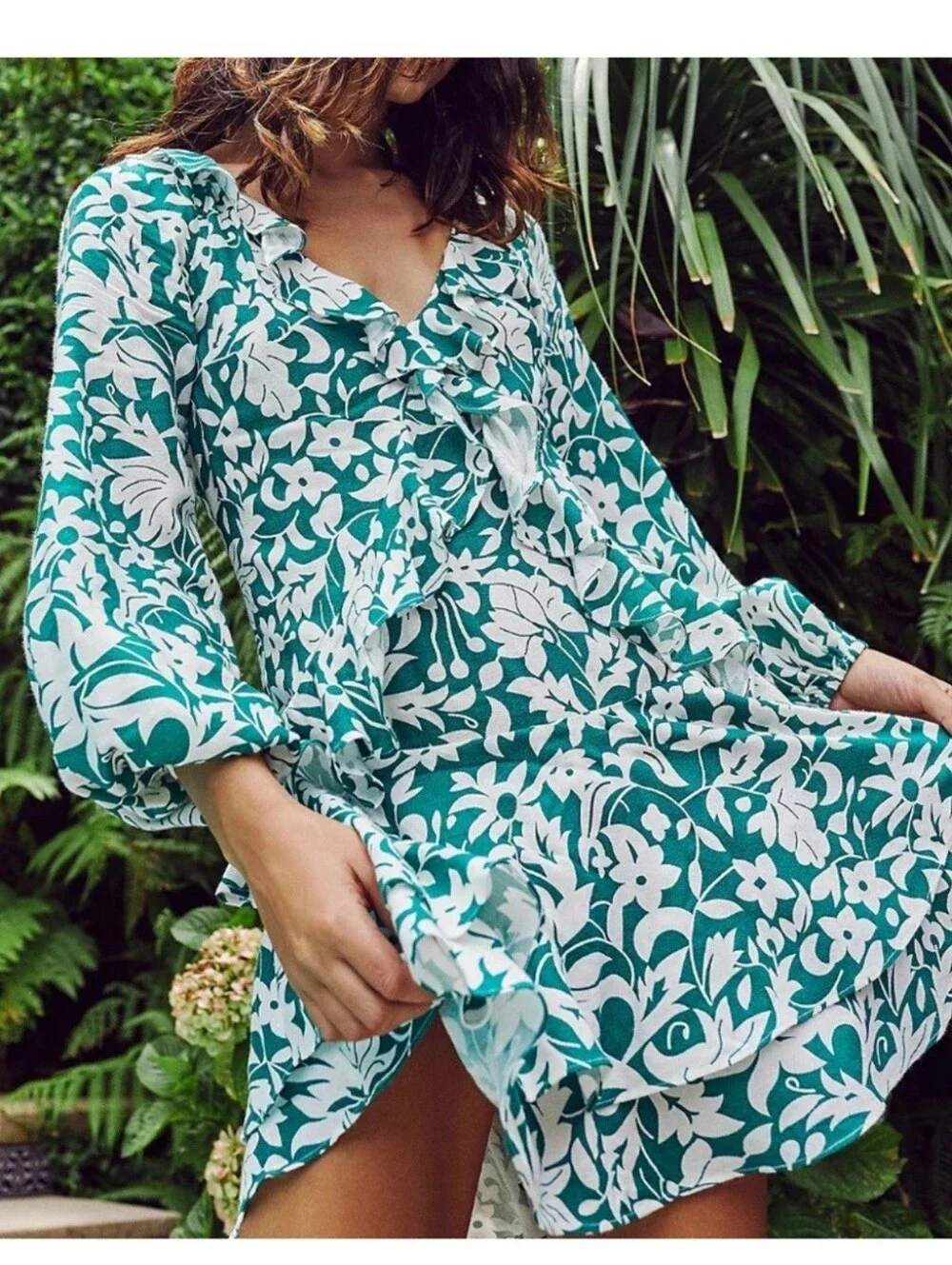 Free People Rebecka Floral Ruffled Dress Emerald Green Small XS $128